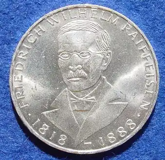 () 5 DM 1968 - J. Friedrich Wilhelm Raiffeisen. Silber-Gedenkmuenze. Deutschland