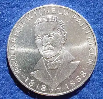 () 5 DM 1968 - J. Friedrich Wilhelm Raiffeisen. Silber-Gedenkmuenze. Deutschland