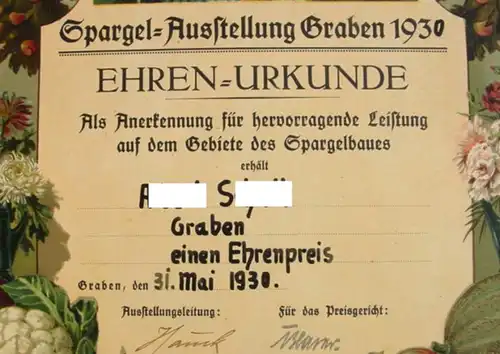 Aktuelle, also derzeit gültige Versandkosten für diesen Artikel betragen ab Euro 6,00 ! Bitte im Zweifelsfall VOR (!) einer Kaufanfrage absprechen. () Urkunde 1930 für Person aus Graben. Riesengrosse Ehrenurkunde. Spargel-Ausstellung Graben...