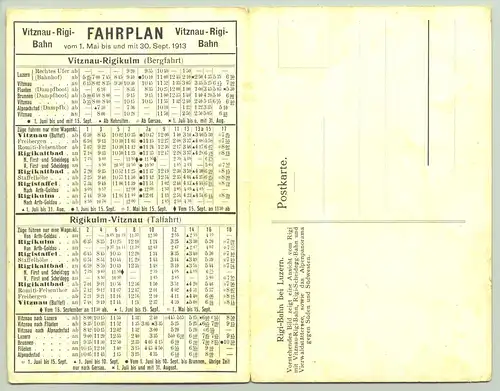  ()  Farbige, alte Ansichtskarte mit hübscher Zeichnung - Motiv : Vierwaldstättersee, Gebirge. Mit anhängendem Fahrplan der Rigi-Bahn ..