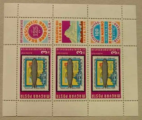 Zeppelin-Bfm-Block Ungarn 1977 () Zeppelin-Luftschiff Abbildungen auf postfrischem Briefmarken-Kleinbogen (perforierte Felder) v. 2. 5. 1977 zu den Ausstellung in Braunschweig, Lugano u. San Marino. Drei Marken zu je 3 Forint mit jeweils...