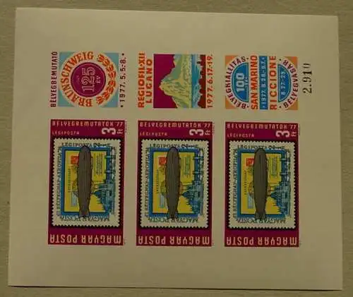 Zeppelin-Bfm-Block Ungarn 1977 () Zeppelin-Luftschiff Abbildungen auf nummeriertem, postfrischem Briefmarken-Kleinbogen (NICHT perforierte Felder ! ) vom 2. 5. 1977 zu den Ausstellung in Braunschweig, Lugano u. San Marino. Drei Marken zu je 3...