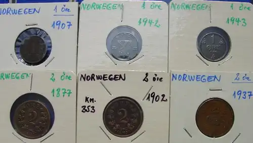 () 6 alte Muenzen von Norwegen : 1 Oere 1907, 1942, 1943.  2 Oere 1877, 1902, 1937