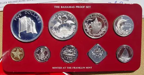 () Bahamas. Original Proof-Satz von 1977. 9 Muenzen (zum Teil 925-er Sterling-Silber)