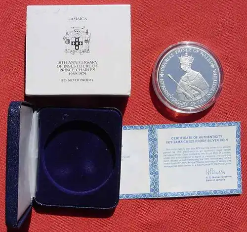 () Jamaica. 25 Dollar 1979. Proof. Prinz Charles Jubilaeumsmuenze in 925-er Sterling-Silber