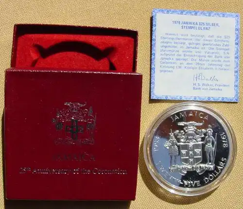 () Jamaica. 25 Dollar 1978. Kroenungs-Jubilaeum Koenigin Elizabeth II.  in 925-er Sterling-Silber