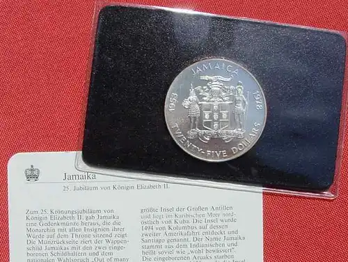 () Jamaica. 25 Dollar 1978 Kroenungs-Jubilaeum Koenigin Elizabeth II.  in 925-er Sterling-Silber