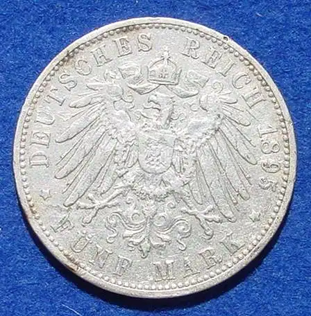 () Silbermuenze Wuerttemberg 5 Reichsmark 1895 Deutsches Reich, Jaeger-Nr. 176