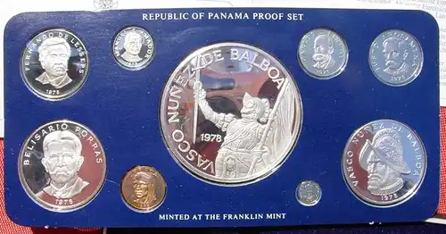 () Panama. Proof-Satz von 1978. 9 Muenzen im Etui (incl. 20 Balboa in Sterling-Silber)