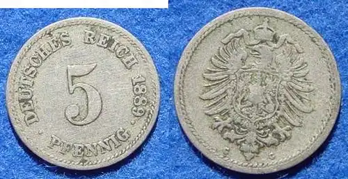 (040897) 5 Reichs-Pfennig 1889-G, Variante : Tiefer stehende 9. Zustand bitte selbst entscheiden / siehe Scan