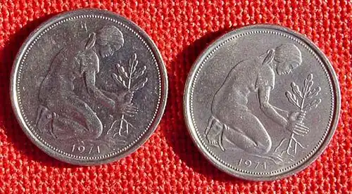 (1030043) Deutschland. 2 verschiedene 50 Pfennig 1971-J, Varianten