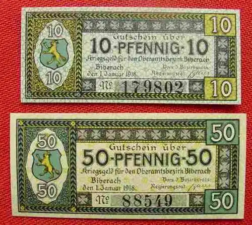 () Biberach. 2 Gutscheine vom 1. Jan. 1918. Top Zustand  Ungebraucht. Minimale Aufbewahrungsspuren. # Notgeld. Geldscheine. Gutscheine