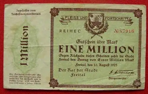 () Notgeld. Freital Stadt. Gutschein ueber 1 Million Mark vom 10. August 1923. # Geldscheine
