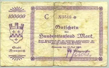 () 100.000 Mark, Kreuznach 13. Juli 1923 # Notgeld, Inflation, Geldschein