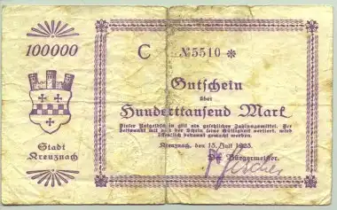 (1018329) 100.000 Mark, Kreuznach 13. Juli 1923 # Notgeld, Inflation, Geldschein