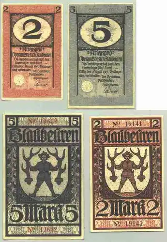 (1018361) Kriegsgeld Blaubeuren. 2 Mark u. 5 Mark, 1919. Mit Praegedrucksiegel