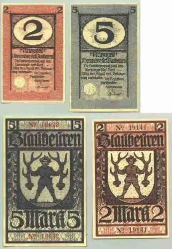 () Kriegsgeld Blaubeuren. 2 Mark u. 5 Mark, 1919. Mit Prägedrucksiegel