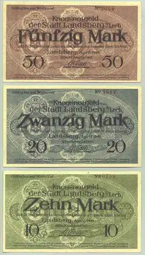 () 10,- 20,- u. 50,- Mark. Kriegsnotgeld Landsberg am Lech April 1919. PLZ-Bereich 86899