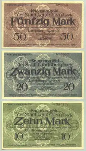 (1018368) 10,- 20,- u. 50,- Mark. Kriegsnotgeld Landsberg am Lech April 1919. PLZ-Bereich 86899