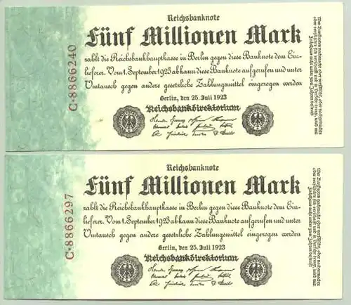 () 2 x 5 Millionen Reichsmark 1923, Ro. 94, ungebraucht !