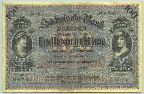 (1028526) Saechsische Bank Dresden 100 Mark 1911. Deutsche Reichswaehrung