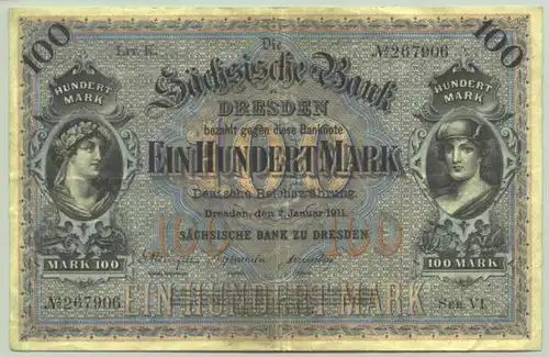 () Saechsische Bank Dresden 100 Mark 1911. Deutsche Reichswaehrung