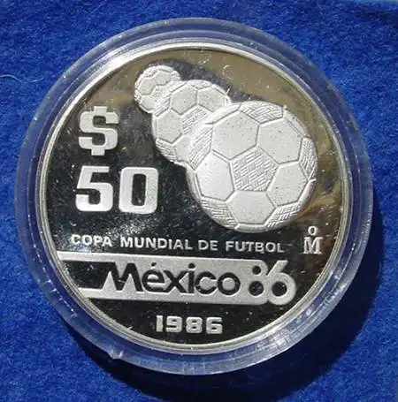 Neu : Versandkosten ab Euro 3,00 / BRD (intern 1039555) Mexiko. 50 Pesos 1986 PP. Silbermünze . Münz-Dose ist beschriftet.