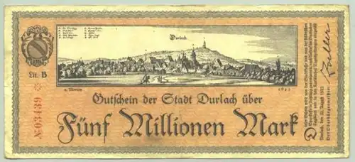 (1028090) Gutschein, 5 Millionen Mark. DURLACH 1923
