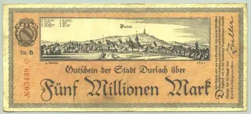 () Gutschein, 5 Millionen Mark. DURLACH 1923