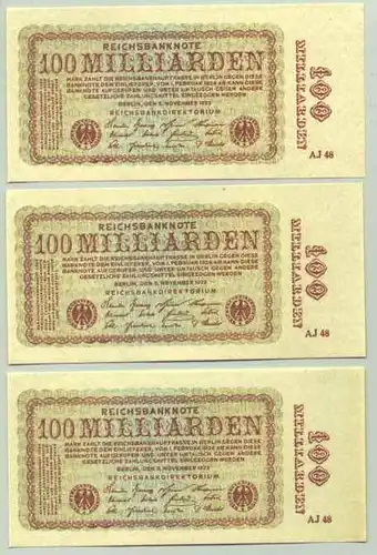 (1028316) Deutsches Reich. 3 x 100 Milliarden Mark 1923, Ro. 130 a, TOP Zustand !