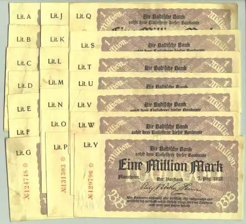 (1028490) 21 verschiedene Geldscheine 1 Million Mark 1923 Badische Bank Mannheim