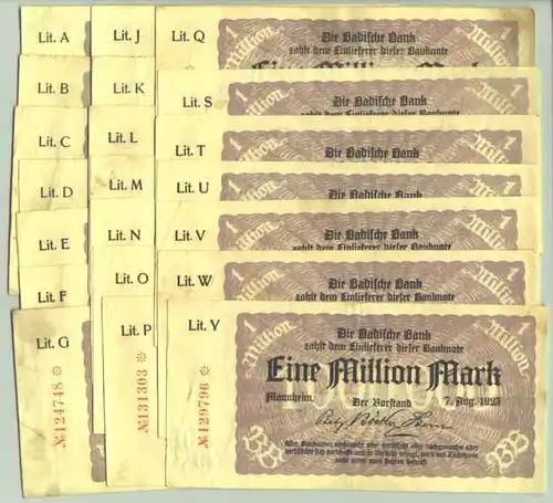 () 21 verschiedene Geldscheine 1 Million Mark 1923 Badische Bank Mannheim