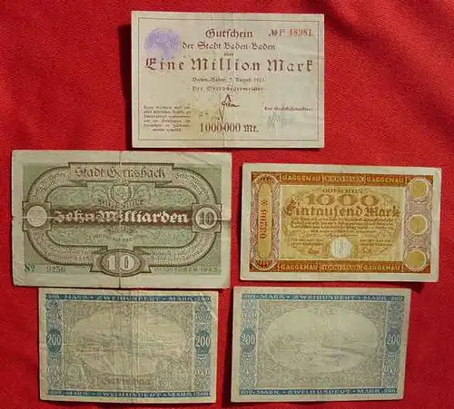 (1028091) Gernsbach u. a. ... 5 Gutscheine / Geldscheine von 1922-1923. Notgeld
