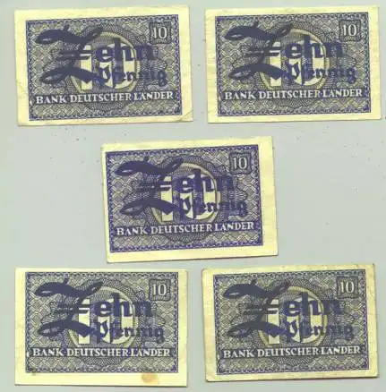(1028220) Deutschland 5 x 10 Pfennig-Geldscheine BRD 1948. Bank Deutscher Laender