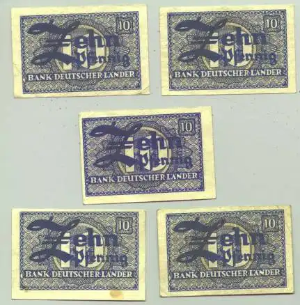 () Deutschland 5 x 10 Pfennig-Geldscheine BRD 1948. Bank Deutscher Laender