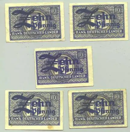 ! Neu : Versandkosten ab Euro 1,25 () Deutschland 5 x 10 Pfennig-Geldscheine BRD 1948. Bank Deutscher Länder. Umlaufspuren, aber m. E. noch recht gut erhalten # Banknoten # Geldscheine 