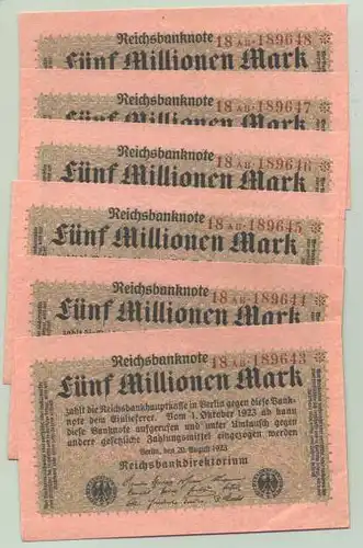 () Deutsches Reich. 6 x 5 Millionen Mark 1923, Ro. 104 b, TOP Zustand !