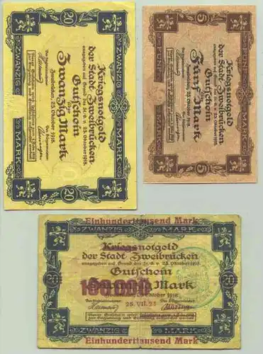 () 3 x Notgeld, Zweibruecken. 1918-1923 # Geldscheine