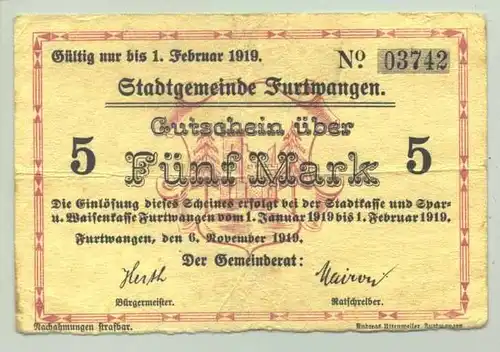 () 5 Mark Gutschein. Furtwangen 1919 # Geldscheine