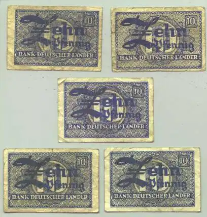 (1028221) Deutschland 5 x 10 Pfennig-Geldscheine BRD 1948 / Kopfgeld