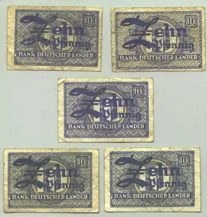 ! Neu : Versandkosten ab Euro 1,25 () Deutschland 5 x 10 Pfennig-Geldscheine BRD 1948. Bank Deutscher Länder. Umlaufspuren  # Banknoten # Geldscheine  # Kopfgeld
