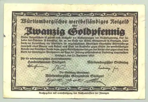 (1028222) Stuttgart. Wuerttembergisches wertbestaendiges Notgeld 20 Goldpfennig 1923