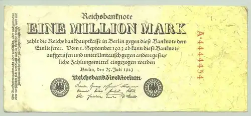 () Deutsches Reich. 1 Million Reichsmark 1923, Ro. 92, mit huebscher Kenn-Nummer