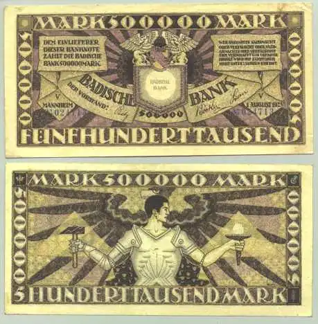 (1028492) Badische Bank Mannheim. 2 x 500.000 Mark 1923 # Geldscheine
