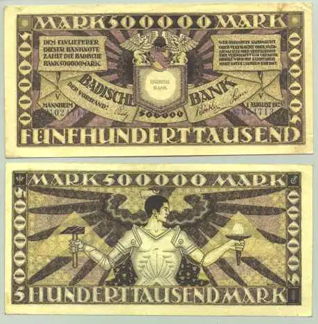 () Badische Bank Mannheim. 2 x 500.000 Mark 1923 # Geldscheine