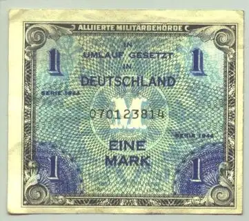 ! Neu : Versandkosten ab Euro 1,25 () 1 Mark Deutschland. Alliierte Militärbehörde. Serie 1944. US Druck mit Zeichen F und 8-stelliger Kenn-Nummer. Meines Erachtens wirklich gut erhalten. (nur intern : ) # Banknoten # Geldscheine 