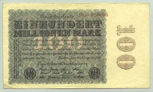 (1028336) Deutsches Reich. 100 Millionen Reichsmark 1923, Ro. 106 e. Selten !