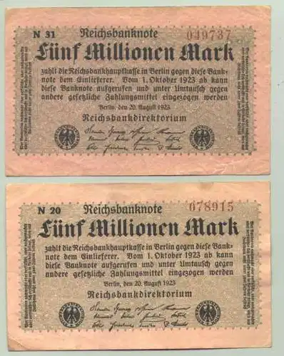 (1028344) Deutsches Reich. 2 x 5 Millionen Reichsmark 1923, Ro. 104. Variante c !