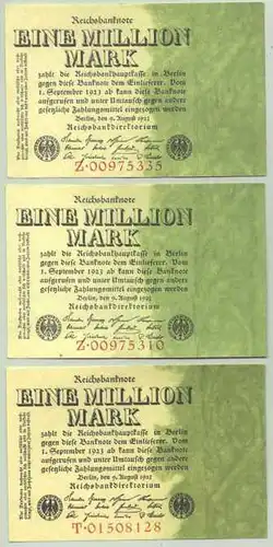 (1028346) Deutsches Reich. 3 x 1 Million Reichsmark 1923, Ro. 100. TOP Zustand