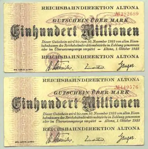 (1028413) Deutsches Reich. 2 x 100 Millionen Reichsmark 1923. Reichsbahn Altona